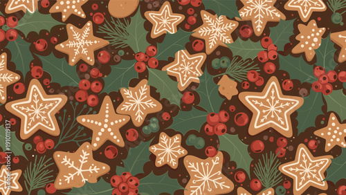Festive Christmas pattern featuring star-shaped gingerbread cookies and white snowflakes with red berries on a dark green background.