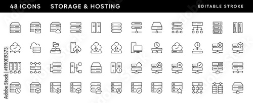 Storage icon collection. Hosting icon set. Storage, cloud, computing, web server, hosting, data center, information and more. Editable stroke. Pixel Perfect. Grid base 32 x 32.