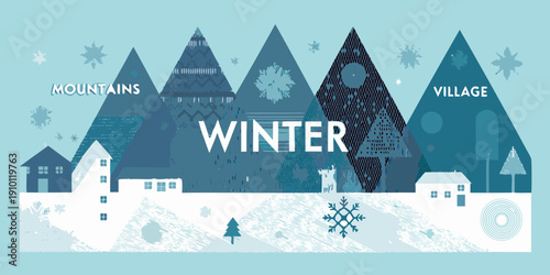 Stylized winter landscape featuring mountains village and snowflake elements