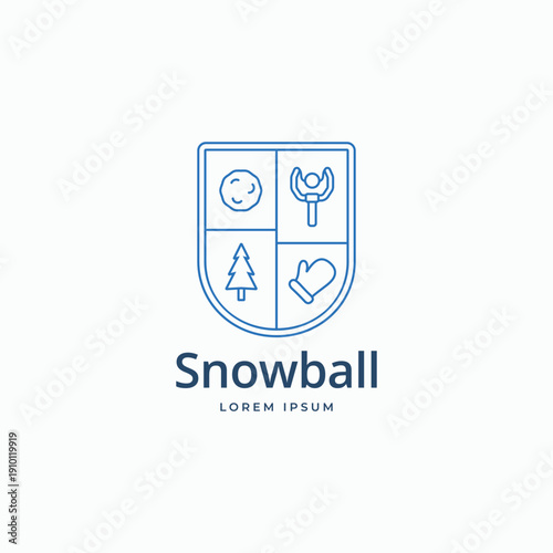 Snowball badge emblem badge logo design with pine tree, mittens and slingshot simple linear style