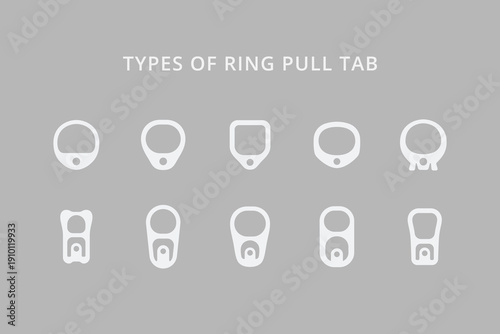 Pull ring can opener collections. Types of can pull tabs simple flat logo icon sign symbol vector illustration