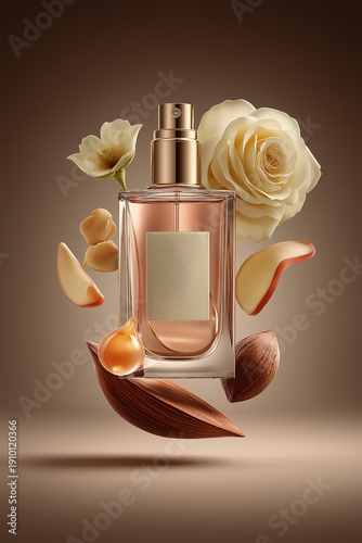 Elegant perfume bottle with floral elements and natural scents  