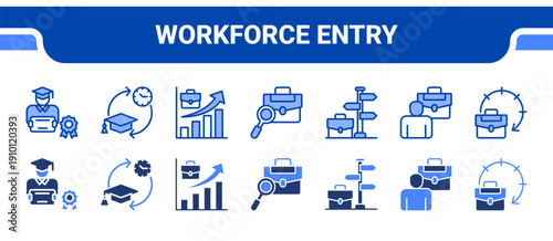 Workforce Entry Icon Collection,  featuring Graduate, Full time, Job market, Job search, Career option, Internship, Work experience.