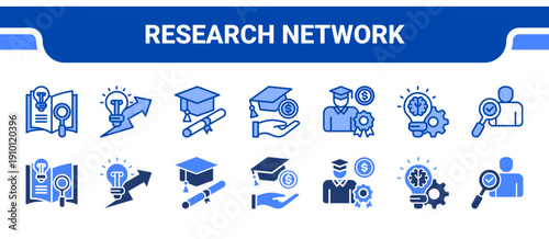 Research Network Icon Collection,  featuring Research, Innovation, Academic, Grant, Scholarship, Knowledge, Prospect.