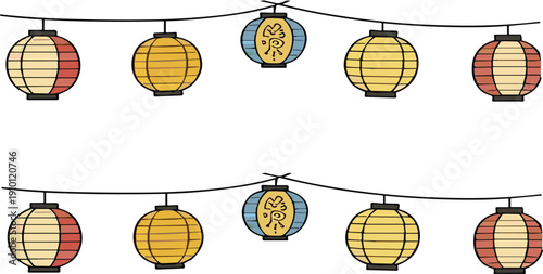 Traditional Japanese paper lantern string decoration hand drawn festival doodle vector illustration set