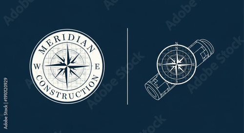Compass Rose Nautical Navigation Symbol and Blueprint Scroll.