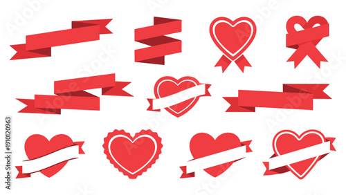 Versatile collection of red heart shapes and ribbons in various styles and layouts for romantic designs and valentines day decorations.