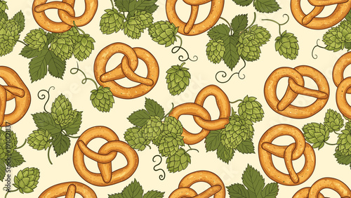 Traditional German food pattern featuring salted golden pretzels and green hop plants with leaves on a light cream colored background.