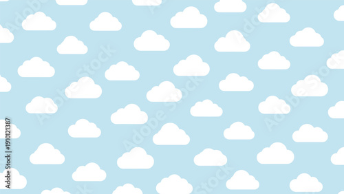 Seamless pattern of fluffy white clouds in various shapes repeating across a soft blue sky background for a peaceful and airy feeling.