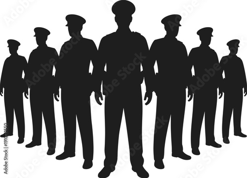 Police officer silhouette collection, law enforcement team standing group, security service personnel figures, isolated black vector illustration, public safety authority concept design