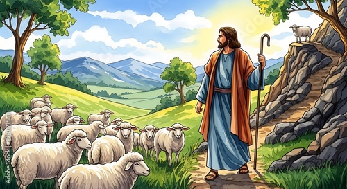 Jesus leaves the ninety nine watercolor illustration. Good shepherd seeking the lost sheep. Christian faith inspired spiritual wall art scene