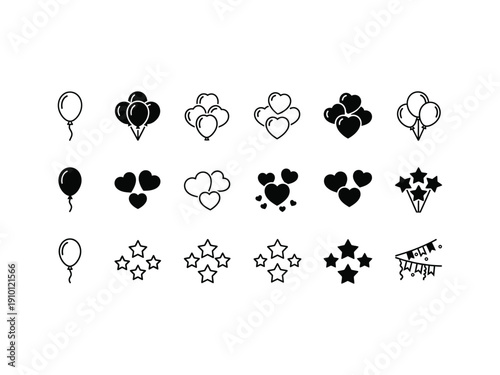 Collection of simple black icons: balloons, hearts, stars, and party popper for celebrations.
