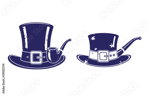 Grunge texture Two vintage top hats with pipe accessories on white background  classic fashion icons Vintage Style