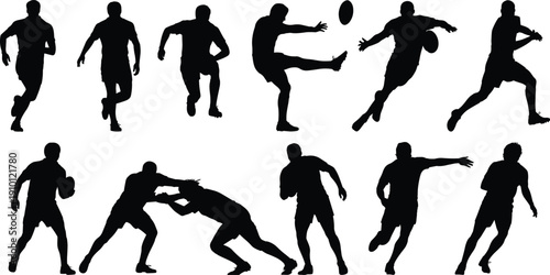 Rugby players action silhouette collection showing running tackling kicking and passing poses, team sport activity isolated vector illustration for training and competition design