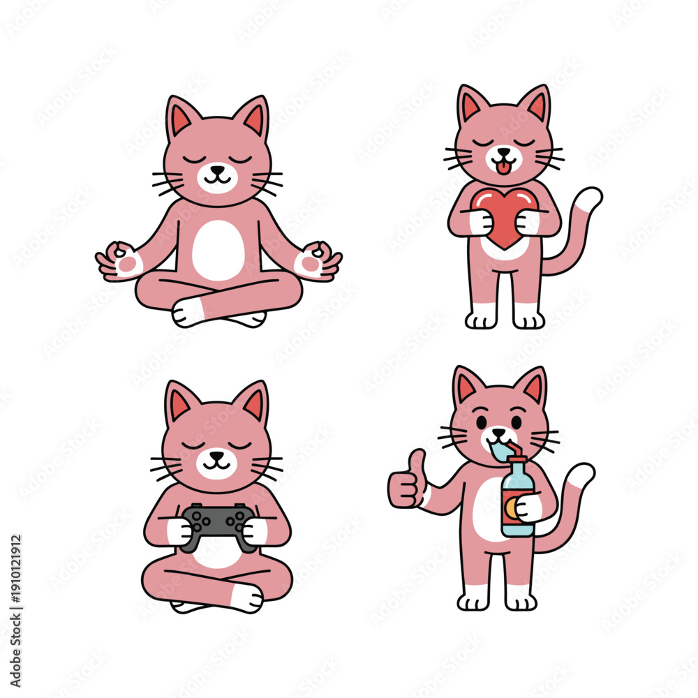 Fototapeta premium Cartoon pink cat practicing yoga and enjoying life with copy space