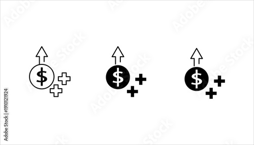 Minimal outline icon featuring dollar symbol with upward arrow and plus signs representing financial growth, profit increase, revenue boost, and positive cash flow. Isolated on white background.