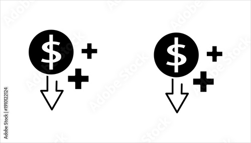 PrintOutline icon featuring dollar symbol with plus sign and downward arrow representing deposit and withdrawal financial transaction.