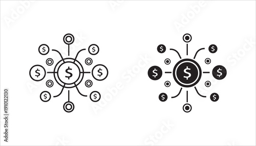 PrintModern outline icon of central dollar symbol connected to multiple financial nodes representing global finance and digital banking network.