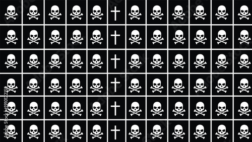 Gothic pattern design featuring rows of white skulls with crossbones and Christian crosses set against a dark black background texture.