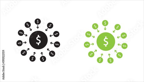 PrintOutline icon with multiple arrows pointing toward dollar symbol representing cash inflow, revenue streams, and financial growth.