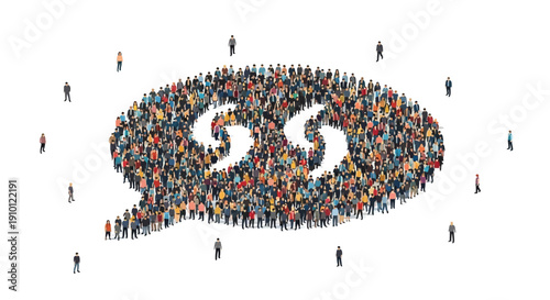 Massive crowd of diverse people forming an abstract quotation mark shape against white background