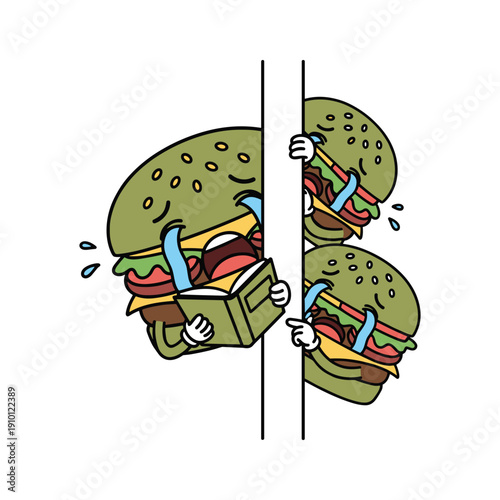 Cartoon burgers with hands holding knives trapped behind bars in a humorous illustration with copy space