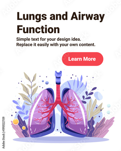 Lungs airway function anatomy organ diagram healthy respiratory system with trachea bronchi surrounded by abstract plants medical banner