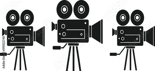 Vintage movie camera icons set with retro film equipment silhouettes flat vector illustration collection