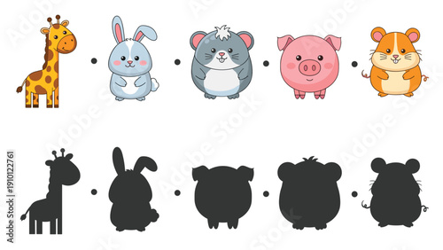 Educational shadow matching activity for children featuring a giraffe rabbit hamster pig and their corresponding black silhouettes.