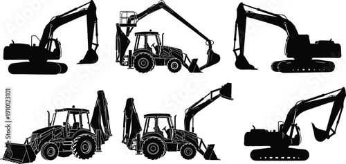 Construction machinery silhouettes set with excavator