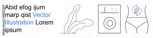 Cleaning, laundry processes, hygiene, self-care, body wash, eco-friendly habits. Minimal line art showing a washing machine, plant and body outline. Laundry processes and hygiene concept