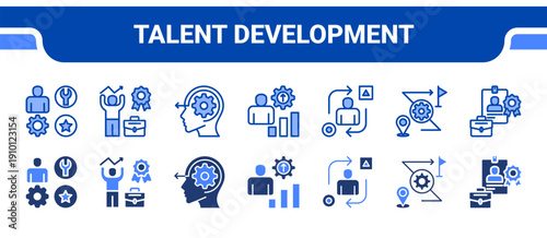 Talent Development Icon Collection,  featuring Skills, Motivation, Initiative, Development, Adaptability, Challenge, Best employee.