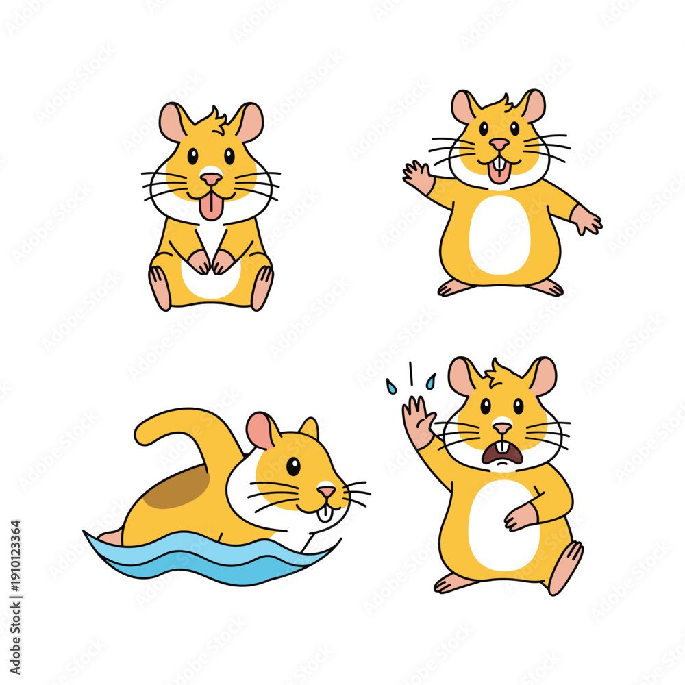 Obraz premium Cartoon hamster set with different actions and emotions on white background