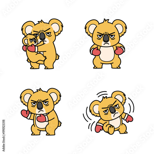 Cartoon koala boxing with determination and anger in various poses