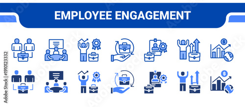 Employee Engagement Icon Collection,  featuring Collague, Team meeting, Motivation, Responsibility, Best employee, Career Devlopment, Growth.