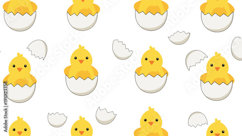 Adorable pattern featuring yellow baby chicks hatching from white eggshells on a clean white background for easter or spring themes.