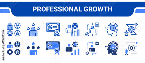 Professional Growth Icon Collection,  featuring Skills, Experience, Qualification, Development, Adaptability, Initiative, Challenge.