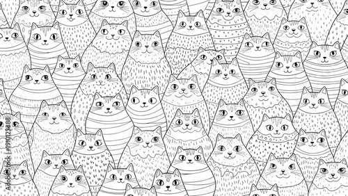 Intricate hand drawn pattern filled with numerous cute cats in different sizes and poses for a charming feline themed background design.
