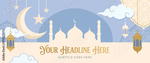 Serene Islamic Eid Celebration with Crescent Moon, Stars, Mosque, and Lanterns in Night Sky Illustration