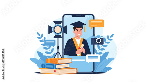 Online graduation celebration concept showing a graduate on a phone screen surrounded by books camera and lighting equipment for media.