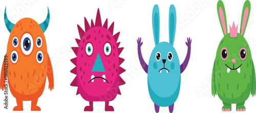 Cute cartoon monster vector set with funny colorful creatures, expressive faces, and playful fantasy characters isolated on white background for kids designs