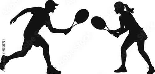 Tennis players silhouettes, man and woman match action, black sport competition illustration isolated on white background dynamic vector design