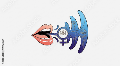 Vibrant illustration of lips blowing out a cannabis leaf symbol with venus symbol representing freedom and empowerment