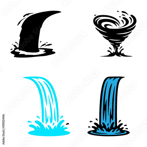 Liquid Splash and Vortex Silhouette Pack - Vector Water Drops, Tornado Air, and Fluid Motion Elements