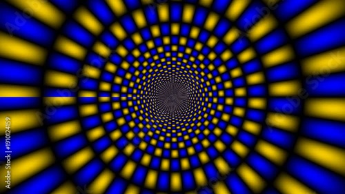 Vibrant abstract circular pattern with blue and yellow hues.