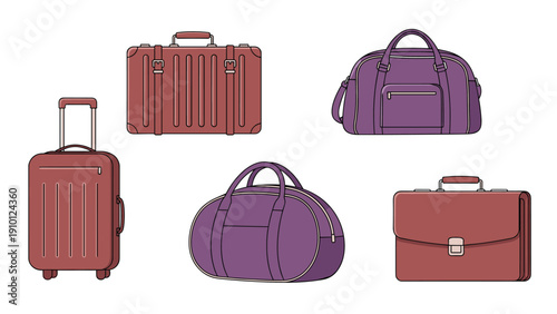 Selection of various travel bags including a rolling suitcase duffel bags and a briefcase in purple and brown shades for trip planning.