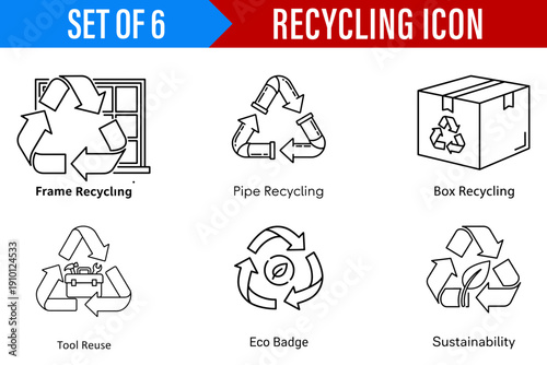 A set of six modern line art recycling icons for informational design illustrating sustainability and eco-friendly practices