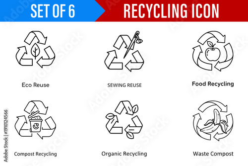 Line Art Informative Set of 6 Recycling Icons for Eco-friendly Waste Management and Sustainable Living