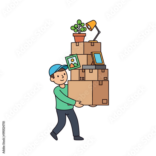 Man carrying stack of moving boxes with home decor, relocation and delivery concept
