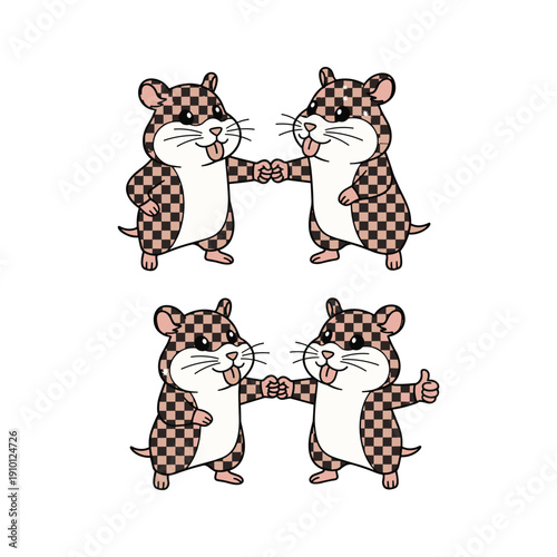 Cartoon hamsters in checkered shirts standing on hind legs and interacting playfully